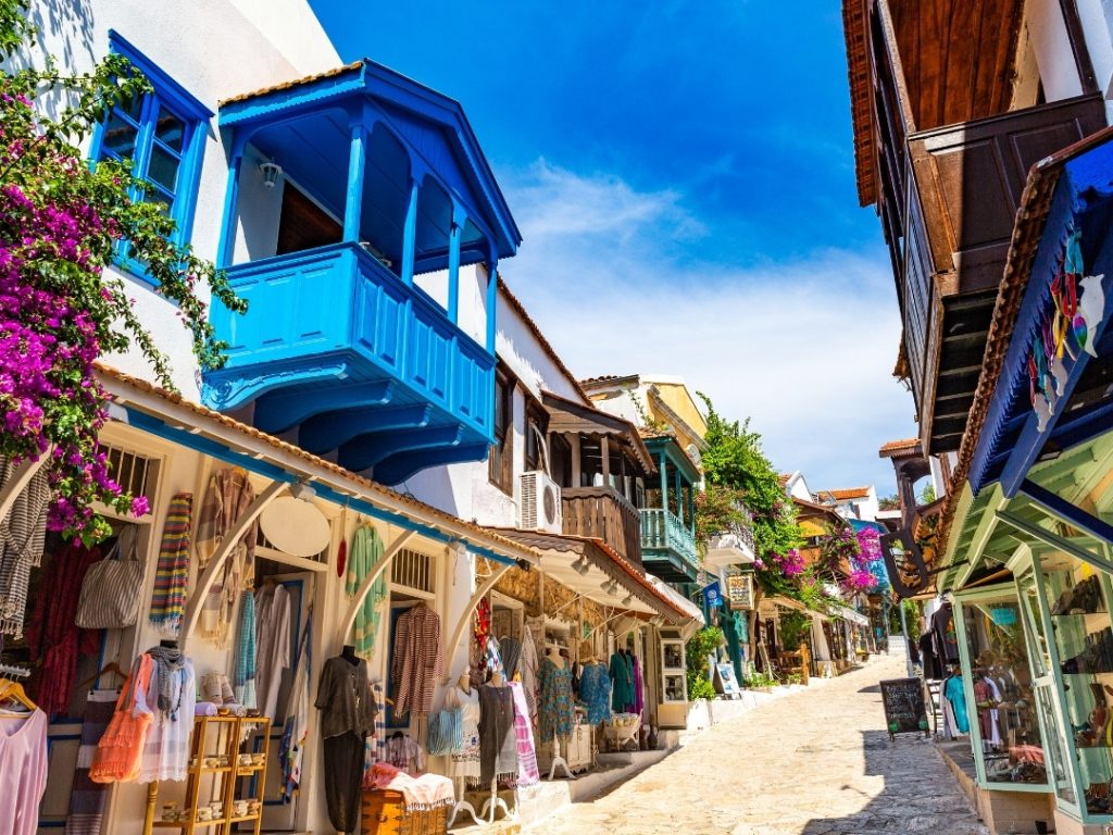Blue windowed old house at Kaş Antalya Street. One of the most popular disctricts in Turkey for expats.